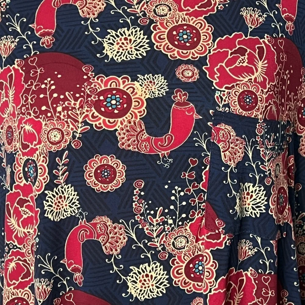 LuLaRoe Carly Floral Print Navy and Red Short Sleeve High-Low Swing Dress - S